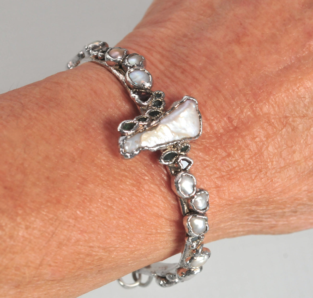 Solid 999 Fine Silver Bracelet, Baroque Pearls, Avant Garde Design