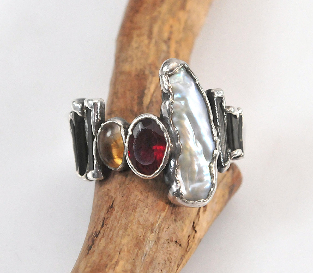 Solid 999 Fine Silver Ring, Baroque Pearls, Avant Garde Ring