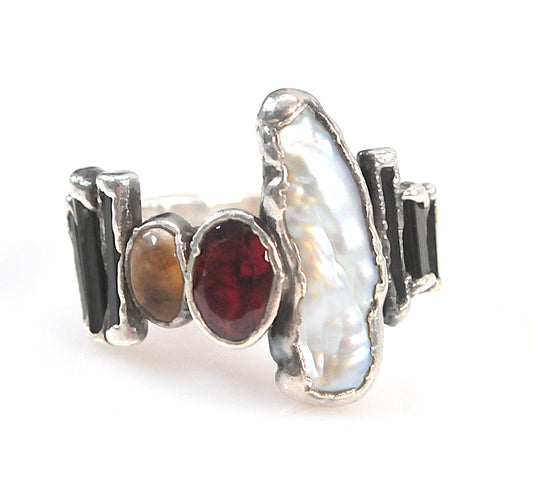 Solid 999 Fine Silver Ring, Baroque Pearls, Avant Garde Ring