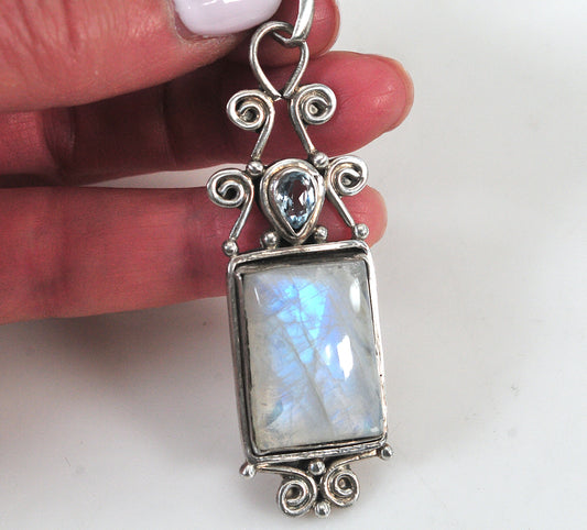 Large Solid Sterling Silver Moonstone Pendant