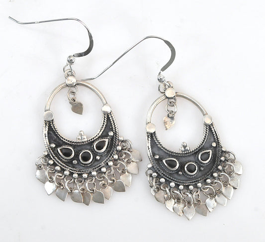 Heart Dangle Chandelier Earrings, 2-Inch, Solid Sterling Silver 925, Black Onyx