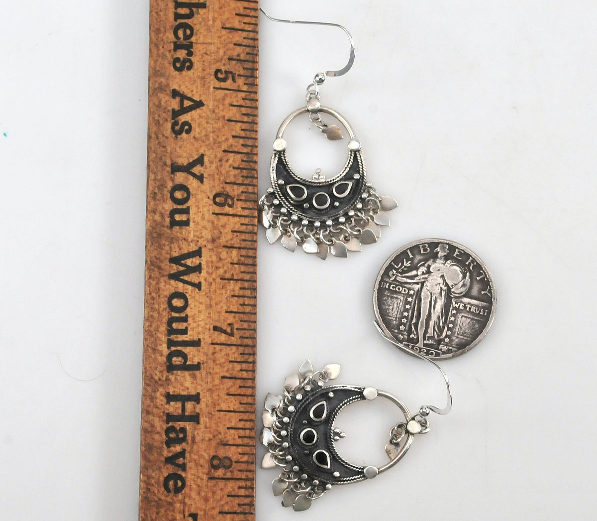 Heart Dangle Chandelier Earrings, 2-Inch, Solid Sterling Silver 925, Black Onyx