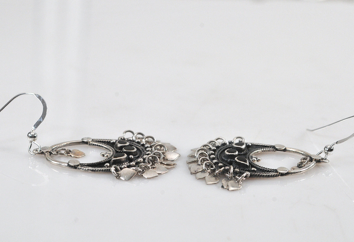 Heart Dangle Chandelier Earrings, 2-Inch, Solid Sterling Silver 925, Black Onyx