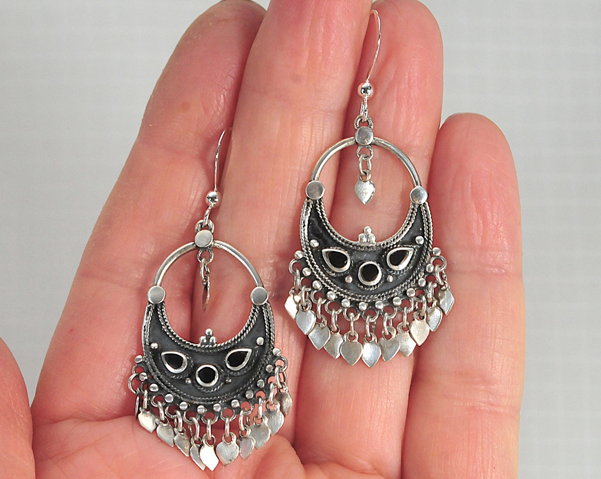 Heart Dangle Chandelier Earrings, 2-Inch, Solid Sterling Silver 925, Black Onyx