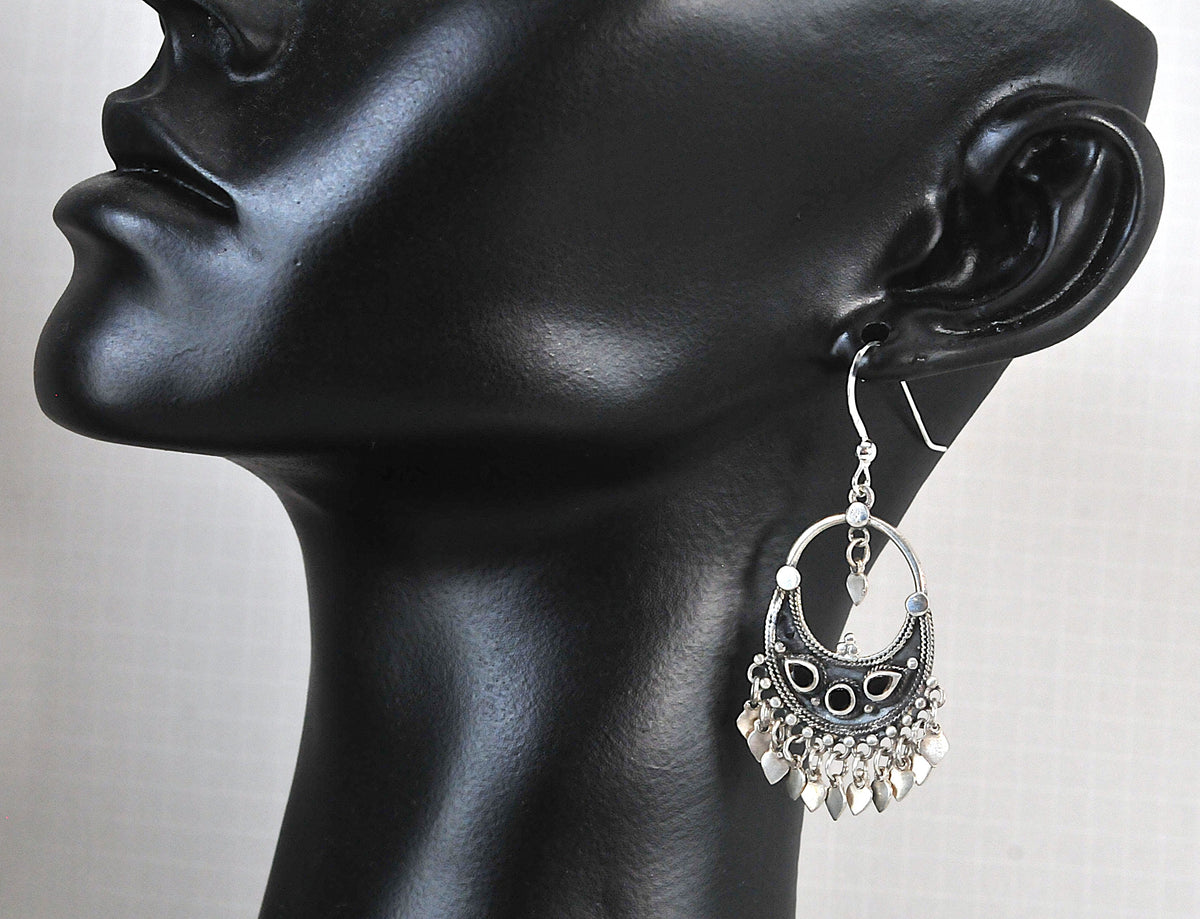 Heart Dangle Chandelier Earrings, 2-Inch, Solid Sterling Silver 925, Black Onyx