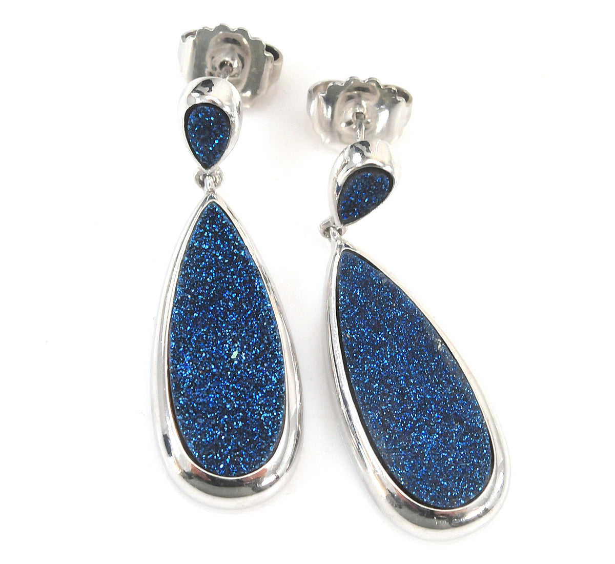 Signed Sterling Silver Blue Druzy Dangle Earrings