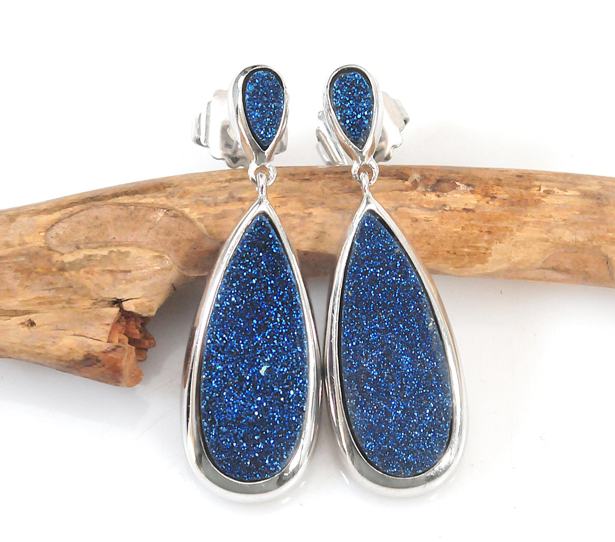 Signed Sterling Silver Blue Druzy Dangle Earrings
