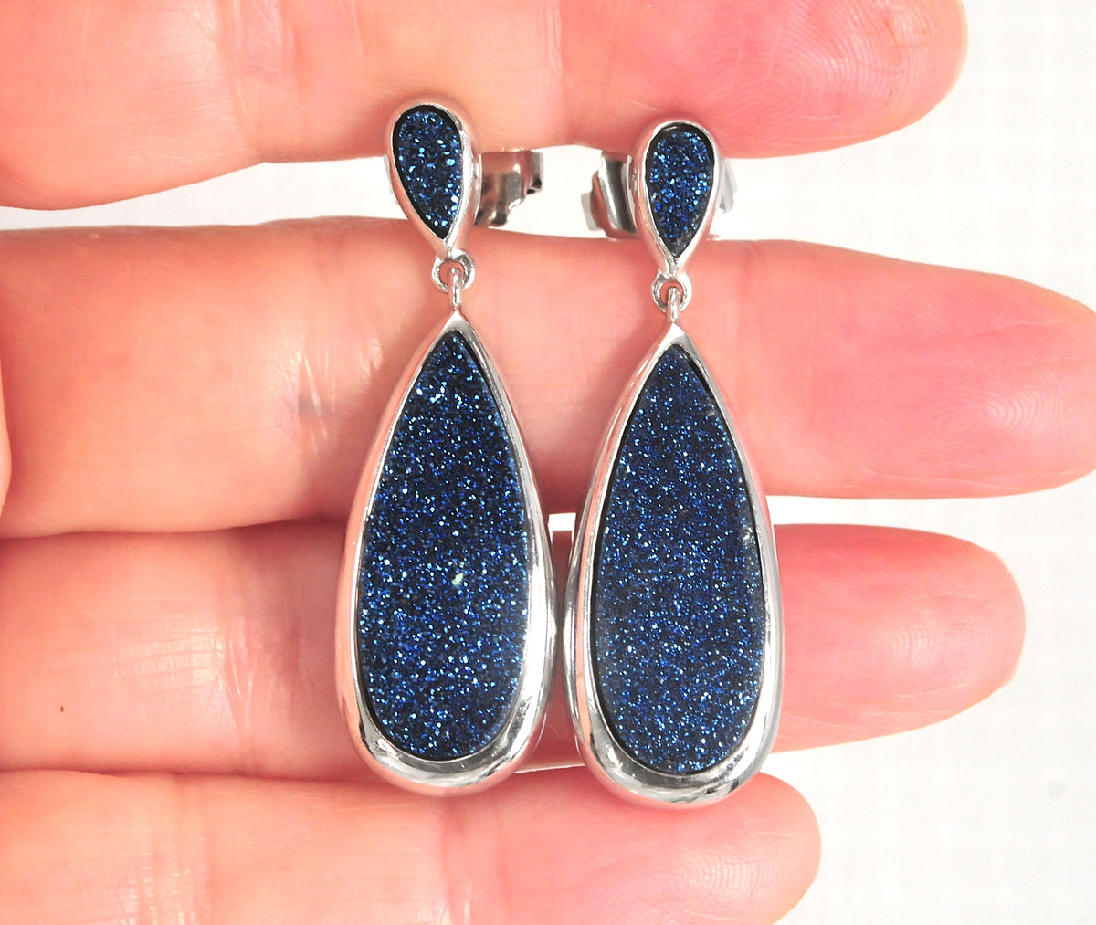 Signed Sterling Silver Blue Druzy Dangle Earrings