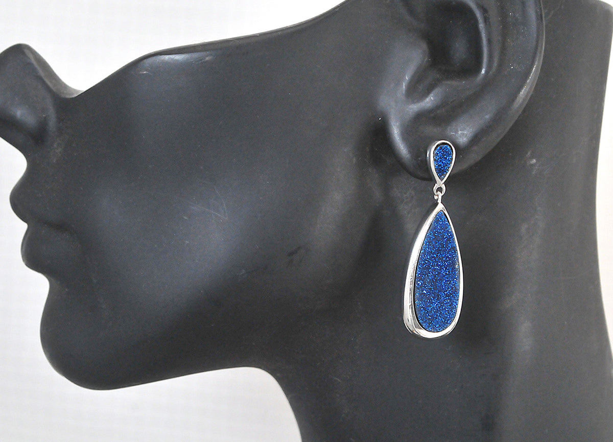 Signed Sterling Silver Blue Druzy Dangle Earrings