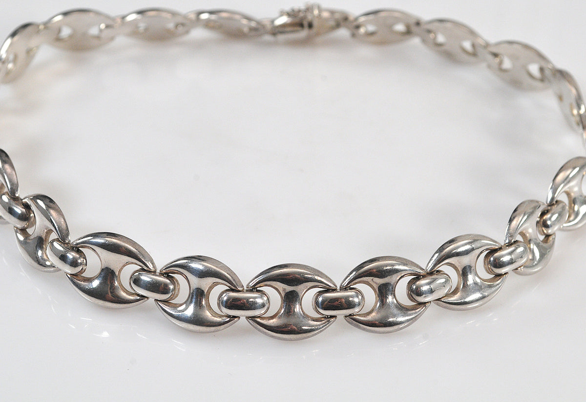 Wide Sterling Silver Puffed Mariner Link Choker Necklace