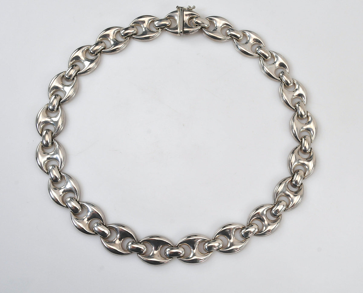 Wide Sterling Silver Puffed Mariner Link Choker Necklace