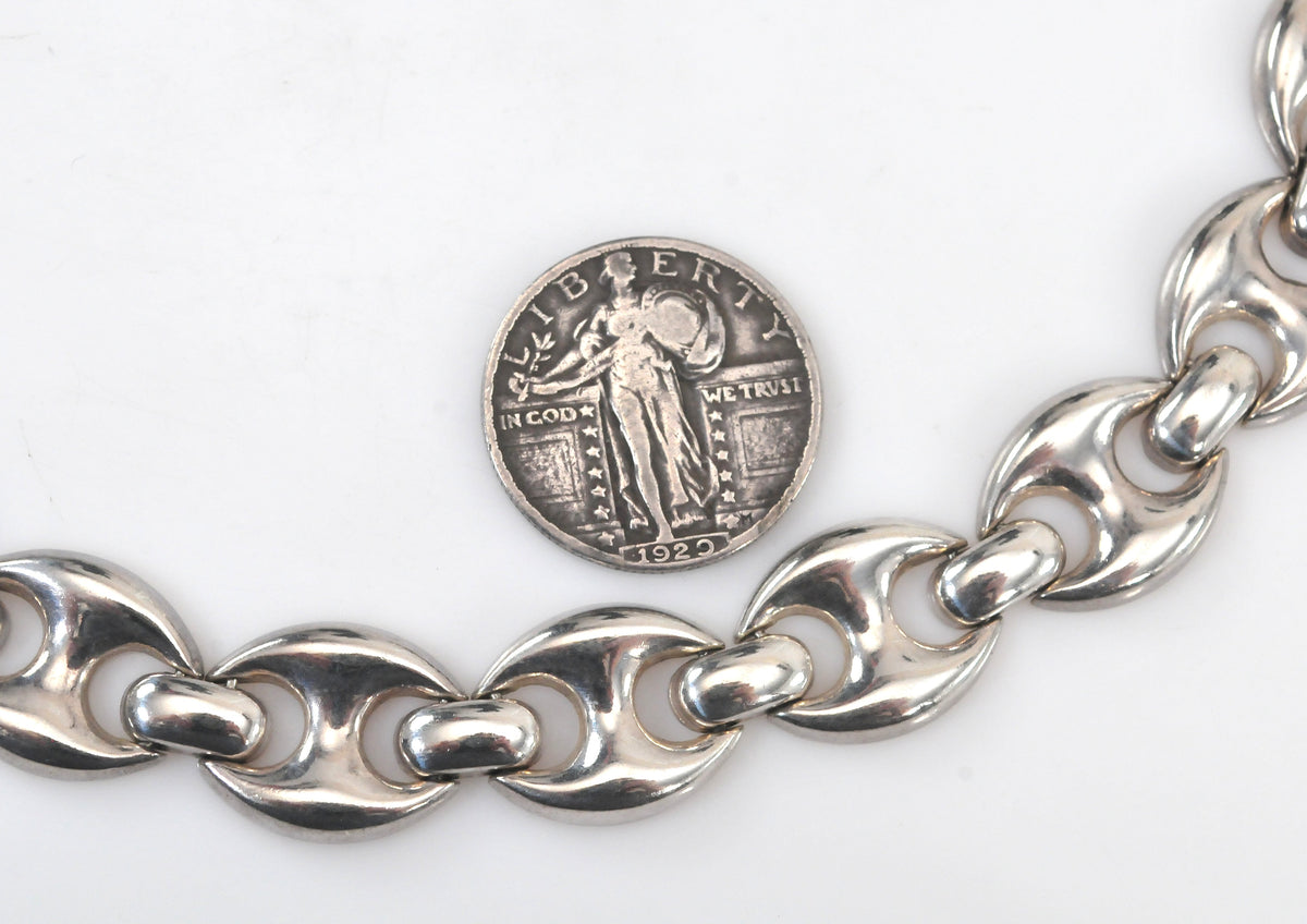 Wide Sterling Silver Puffed Mariner Link Choker Necklace