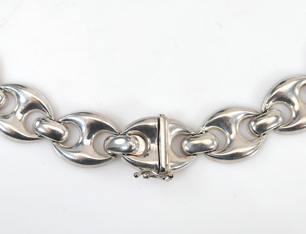 Wide Sterling Silver Puffed Mariner Link Choker Necklace