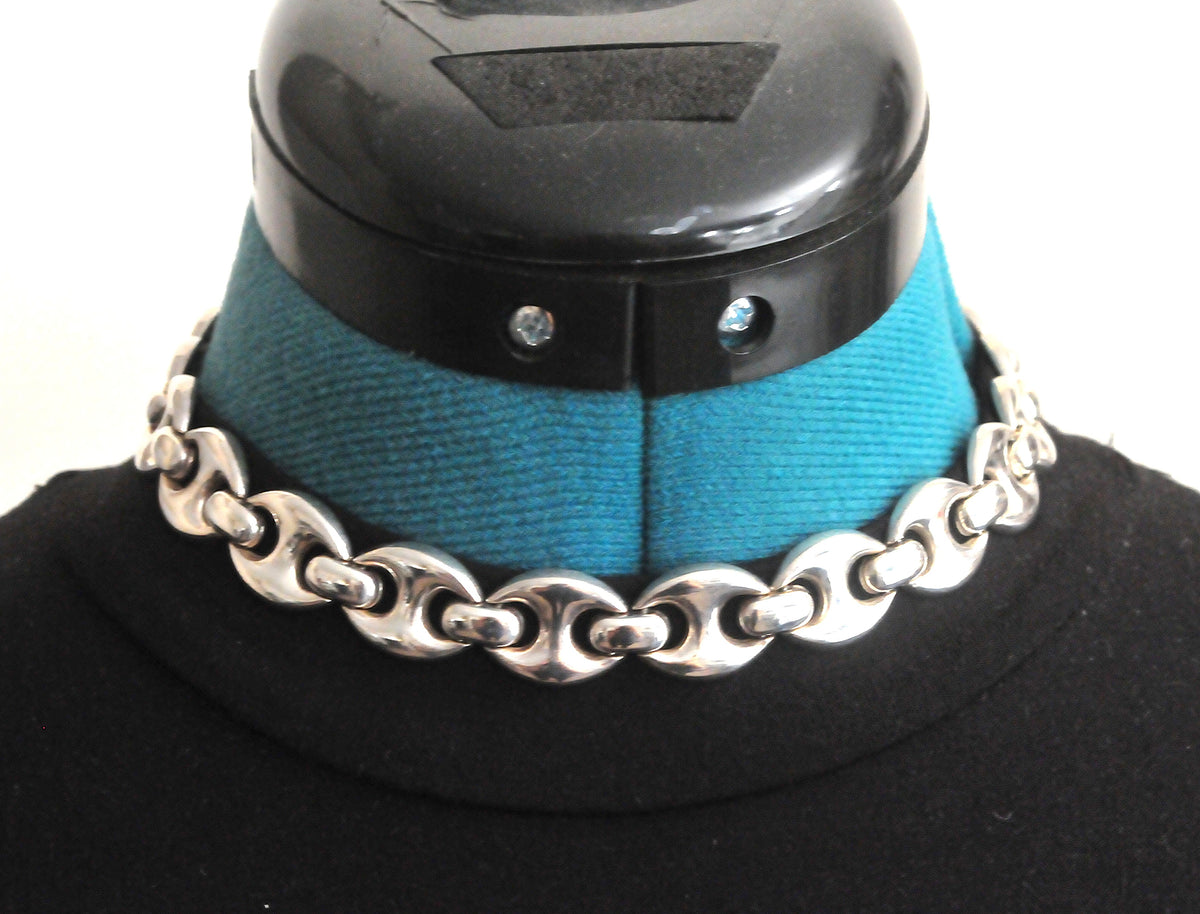 Wide Sterling Silver Puffed Mariner Link Choker Necklace
