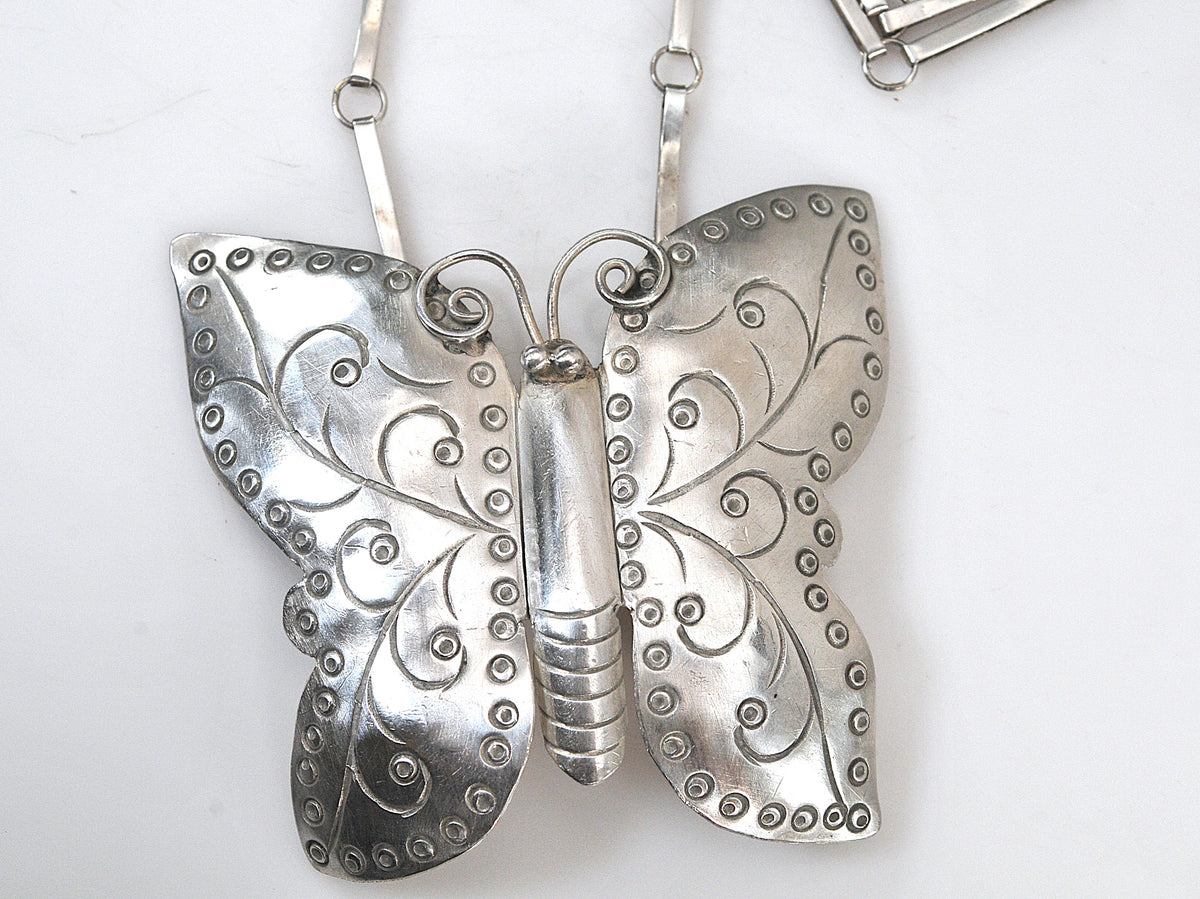 Large Southwestern Butterfly Necklace, Artisan Handmade Solid Sterling Silver
