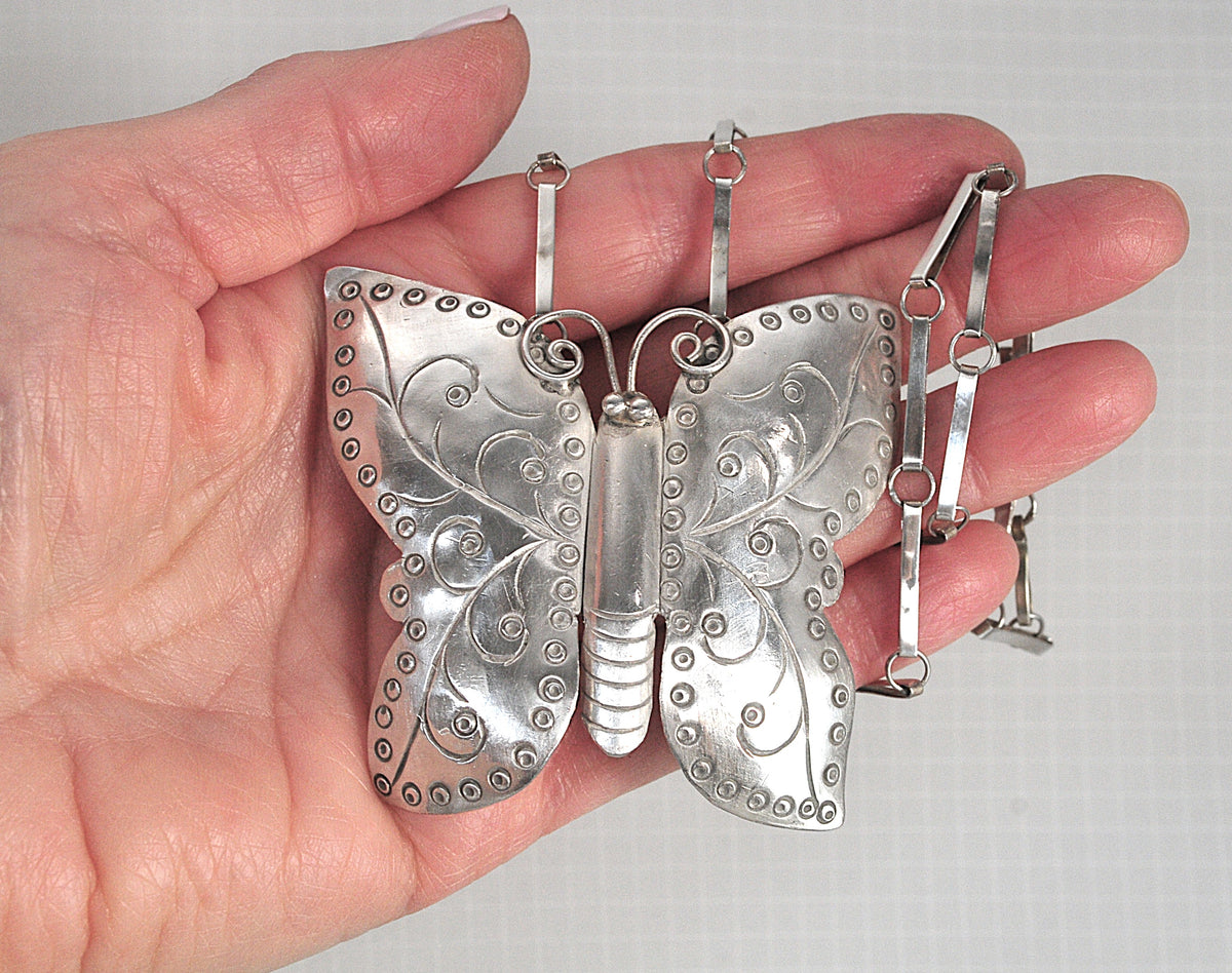 Large Southwestern Butterfly Necklace, Artisan Handmade Solid Sterling Silver