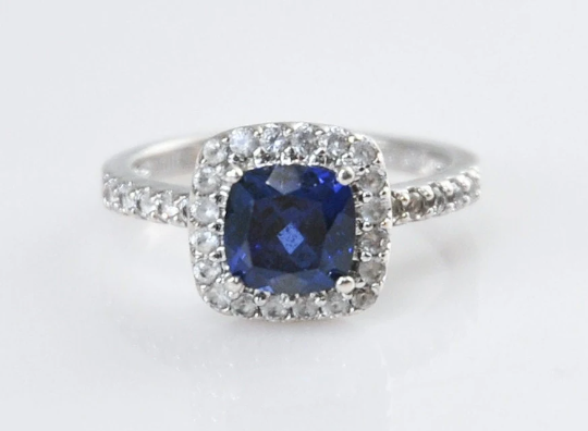 Designer Sterling Silver Simulated Sapphire CZ Halo Ring Size 7 1/2