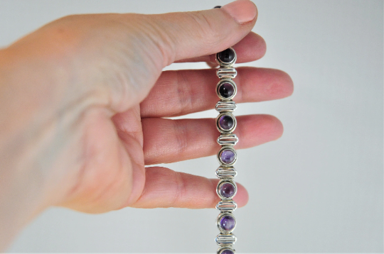 Adjustable Multi-Stone Sterling Silver Amethyst Cabochon Bracelet