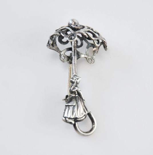 Vintage Sterling Silver Lady with Umbrella Brooch