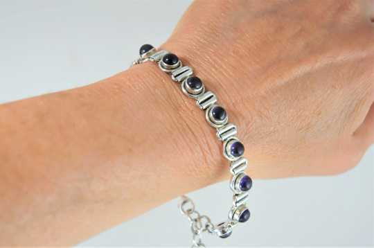 Adjustable Multi-Stone Sterling Silver Amethyst Cabochon Bracelet