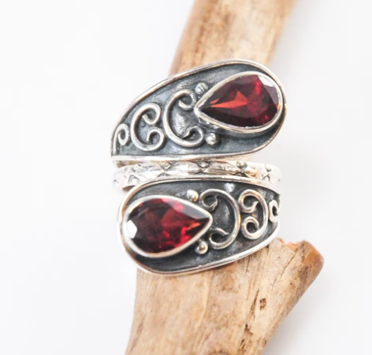 Designer 925 India Sterling Silver Adjustable Garnet Wrap Ring