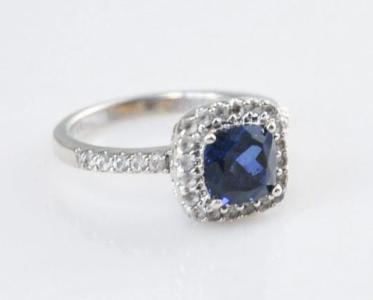 Designer Sterling Silver Simulated Sapphire CZ Halo Ring Size 7 1/2