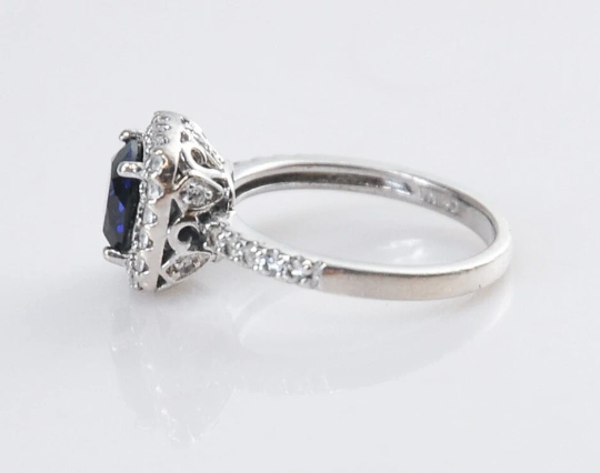 Designer Sterling Silver Simulated Sapphire CZ Halo Ring Size 7 1/2