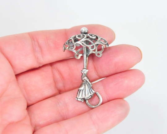 Vintage Sterling Silver Lady with Umbrella Brooch