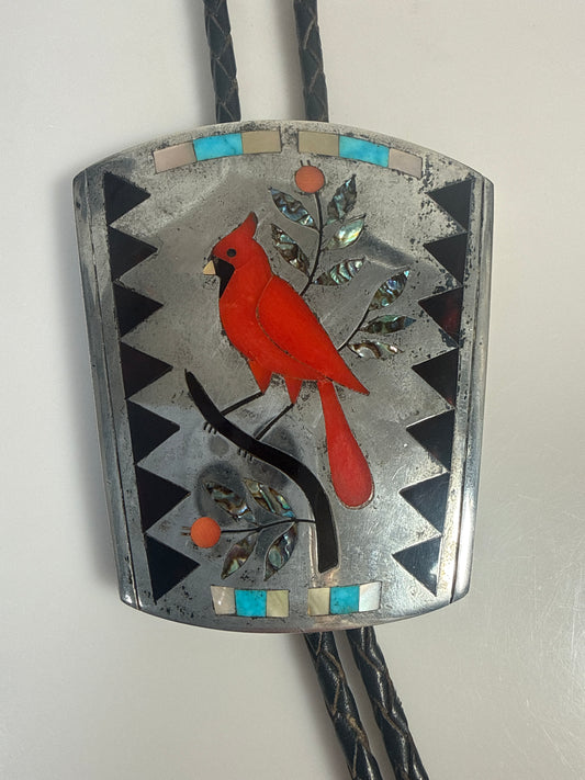 Dennis and Nancy Edaakie Sterling Silver Inlay Cardinal Bolo Tie