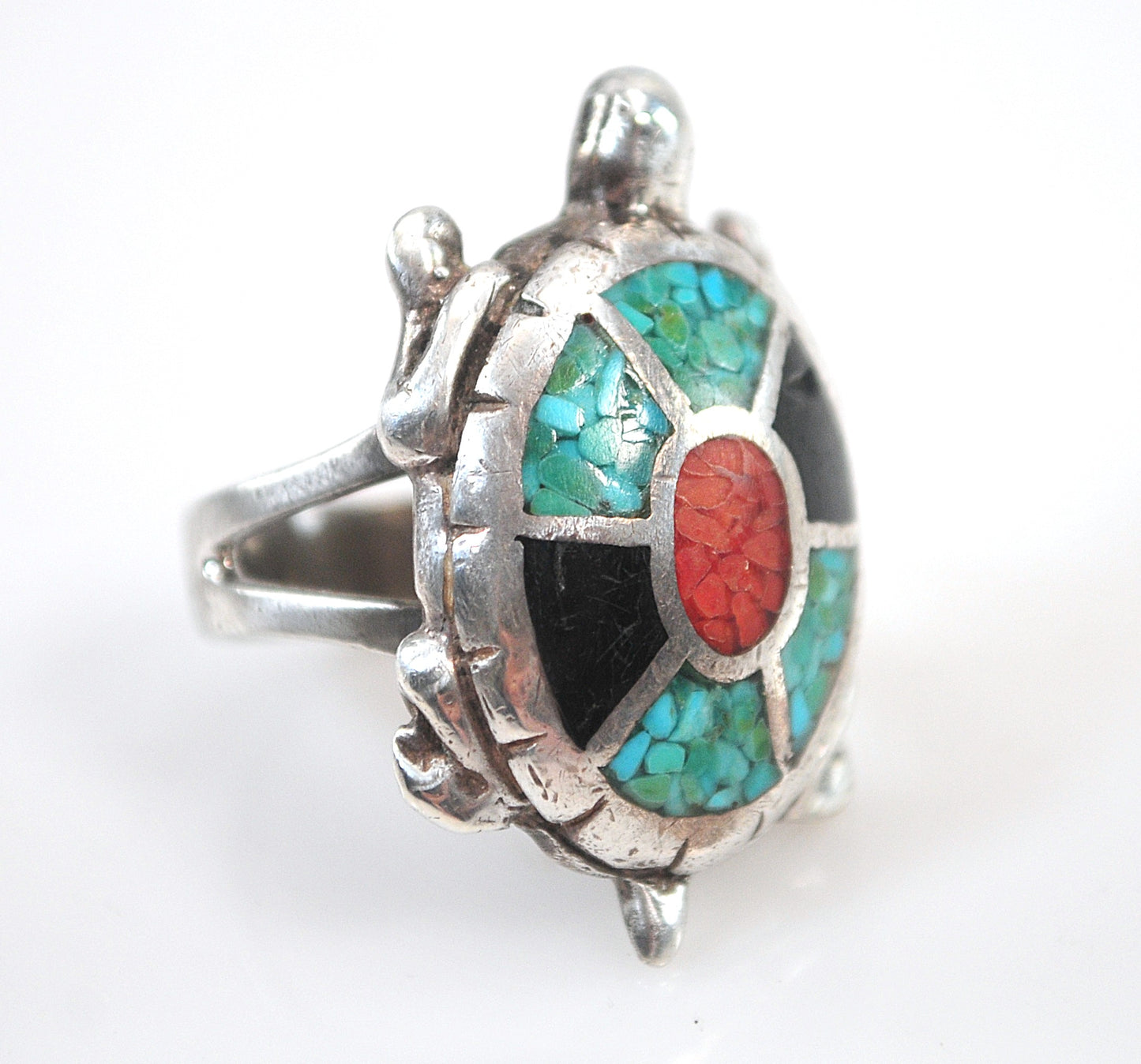 Southwestern Sterling Silver Crushed Coral Turquoise Inlay Turtle Ring