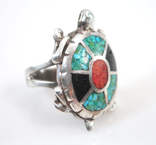 Southwestern Sterling Silver Crushed Coral Turquoise Inlay Turtle Ring