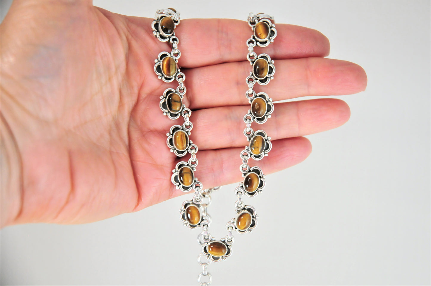 Heavy Adjustable Sterling Silver Tiger's Eye Necklace 51 Grams - silvervintagejewelry