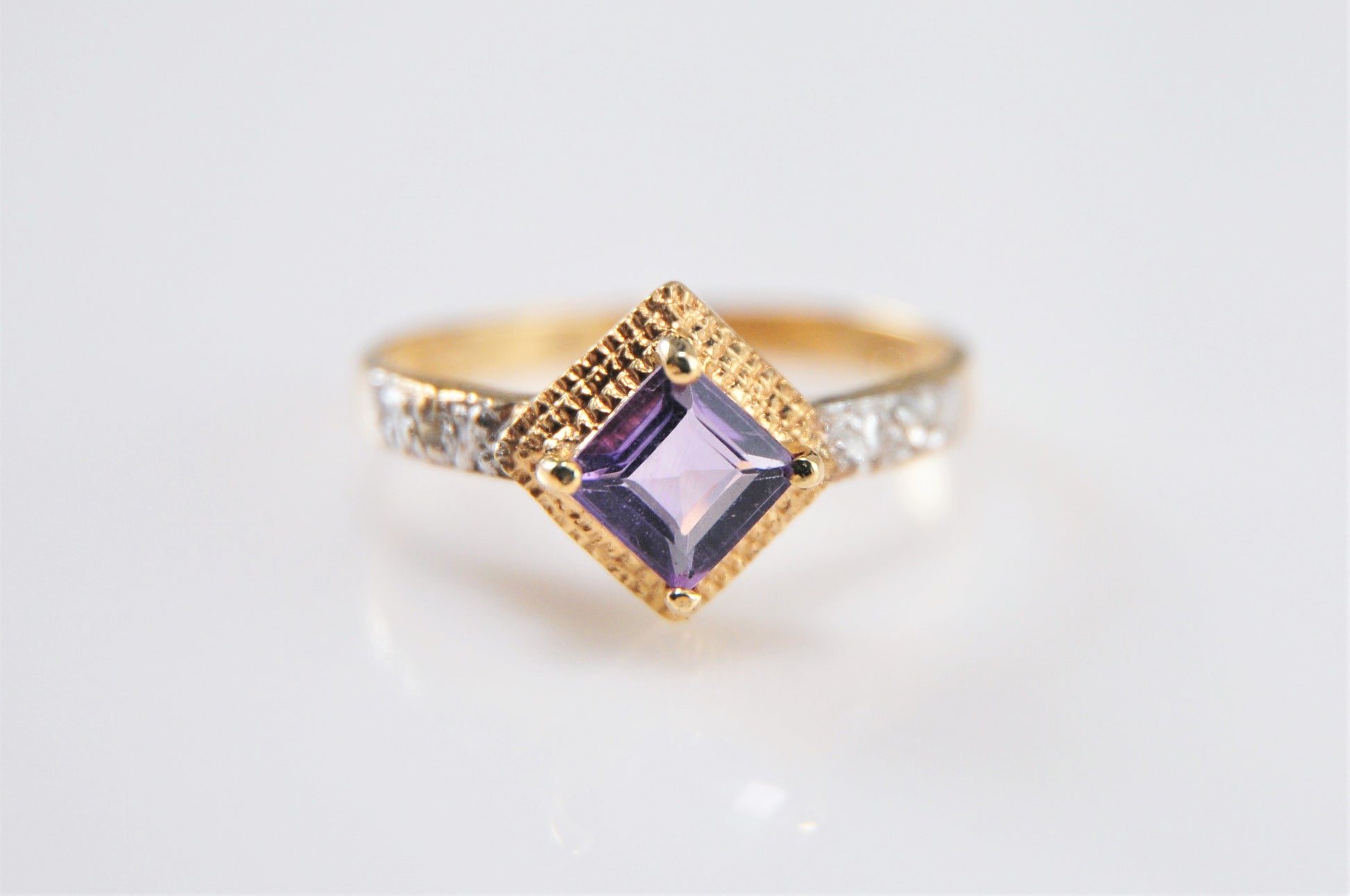 AFJC 10K Gold Amethyst Ring with Diamond Accents Size 7 1/4 - silvervintagejewelry