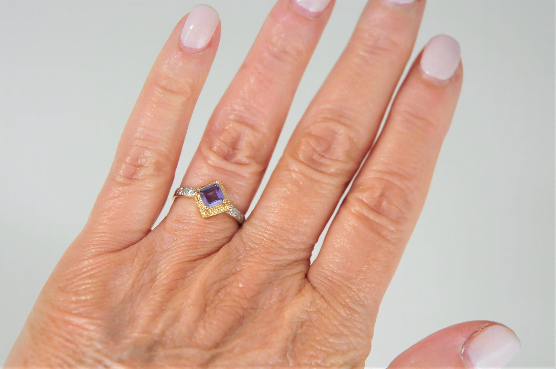 AFJC 10K Gold Amethyst Ring with Diamond Accents Size 7 1/4 - silvervintagejewelry