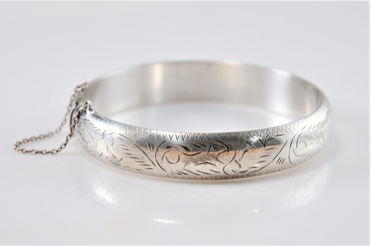 Wide Sterling Silver Etched Hinged Bangle Bracelet - silvervintagejewelry