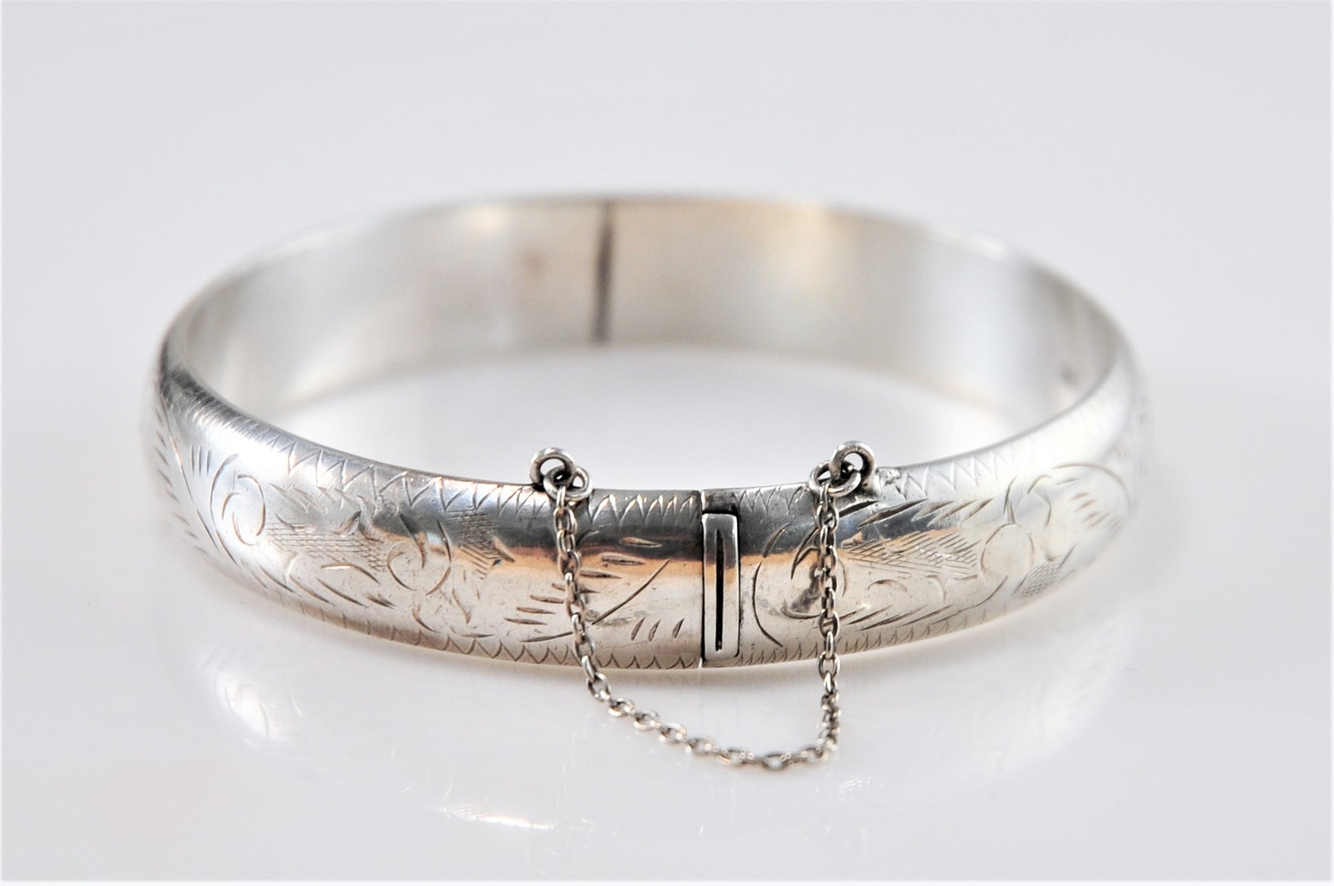 Wide Sterling Silver Etched Hinged Bangle Bracelet - silvervintagejewelry