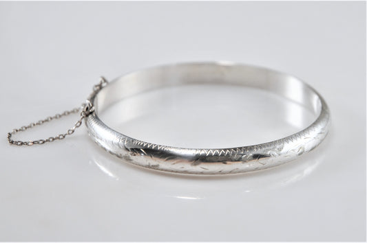 Narrow Sterling Silver Engraved Hinged Bangle, Floral Etched Bangle - silvervintagejewelry