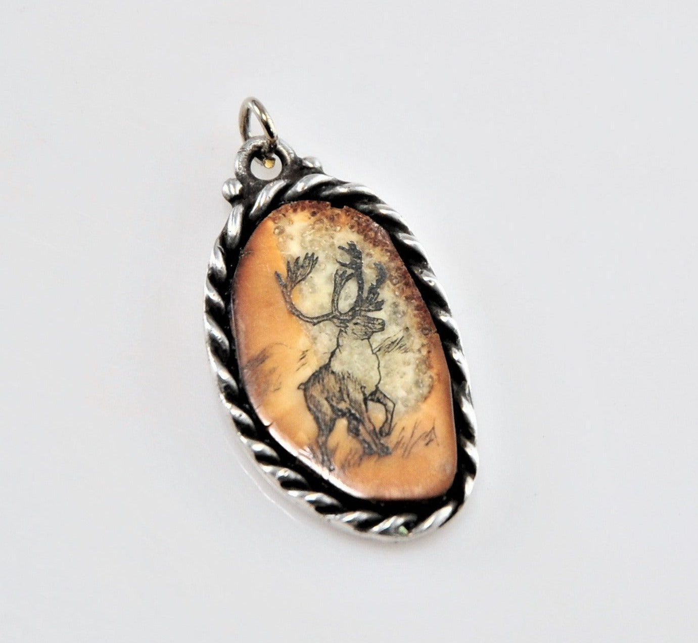 Artisan Signed Elk Scrimshaw on Bone Sterling Silver Pendant