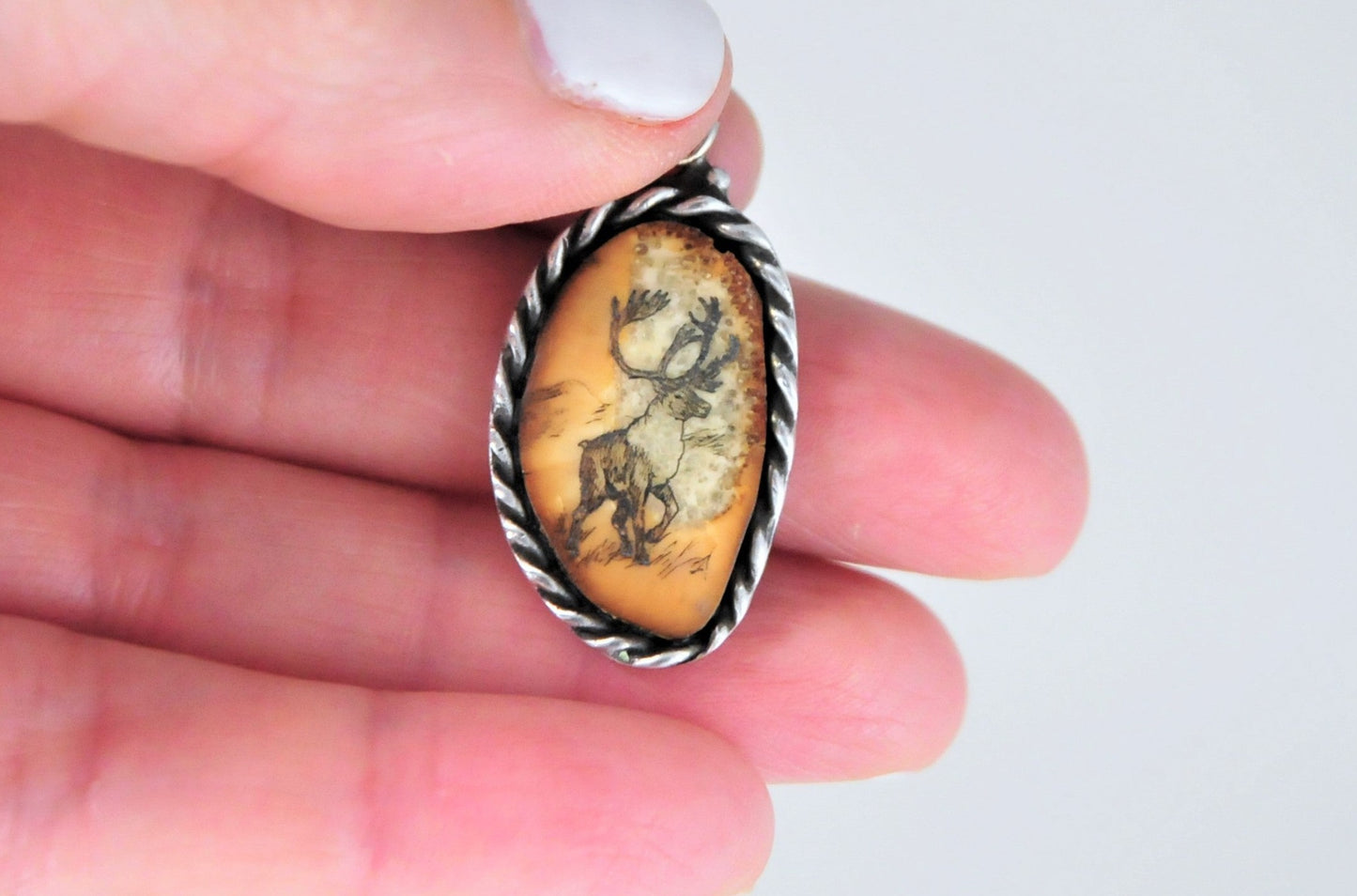 Artisan Signed Elk Scrimshaw on Bone Sterling Silver Pendant