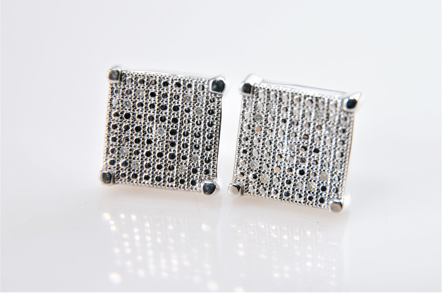 Sterling Silver Square Stud Earrings with Diamond Accents - silvervintagejewelry