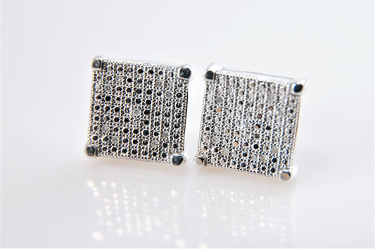 Sterling Silver Square Stud Earrings with Diamond Accents - silvervintagejewelry