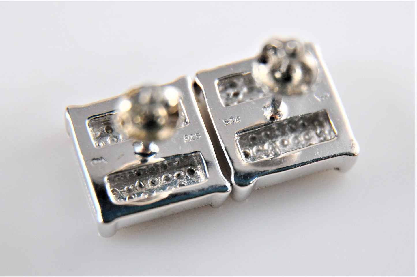 Sterling Silver Square Stud Earrings with Diamond Accents - silvervintagejewelry