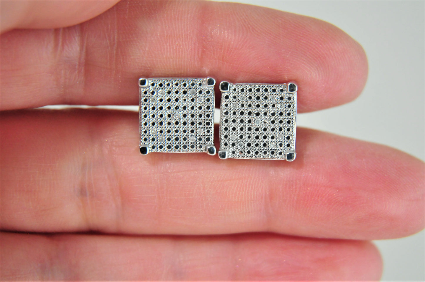 Sterling Silver Square Stud Earrings with Diamond Accents - silvervintagejewelry