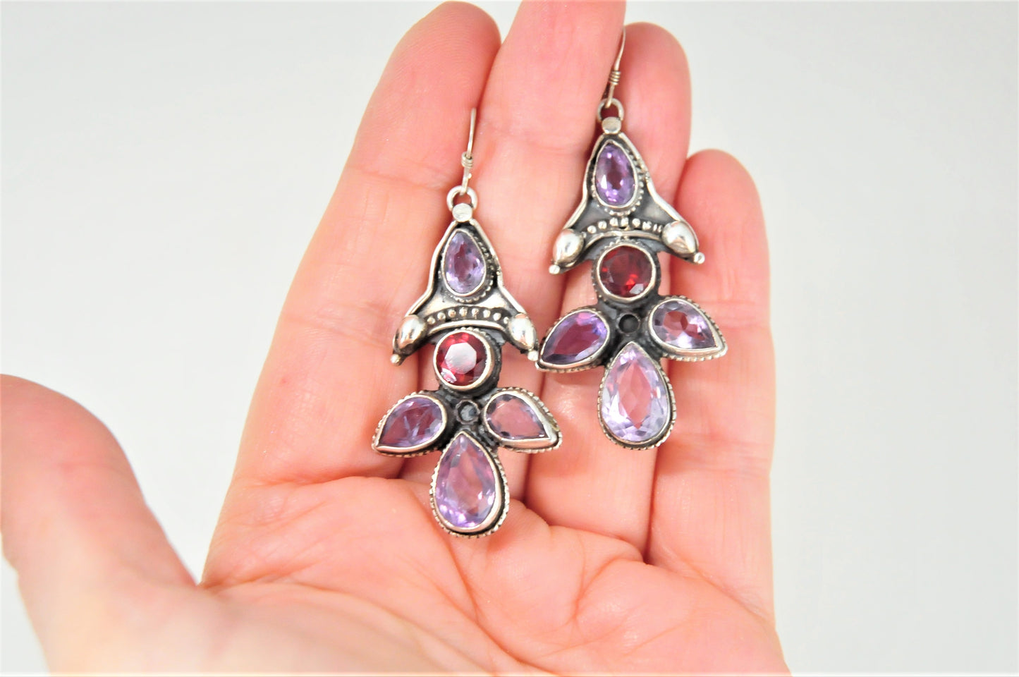 As is - Sterling Silver Multi-Stone Amethyst Garnet Earrings