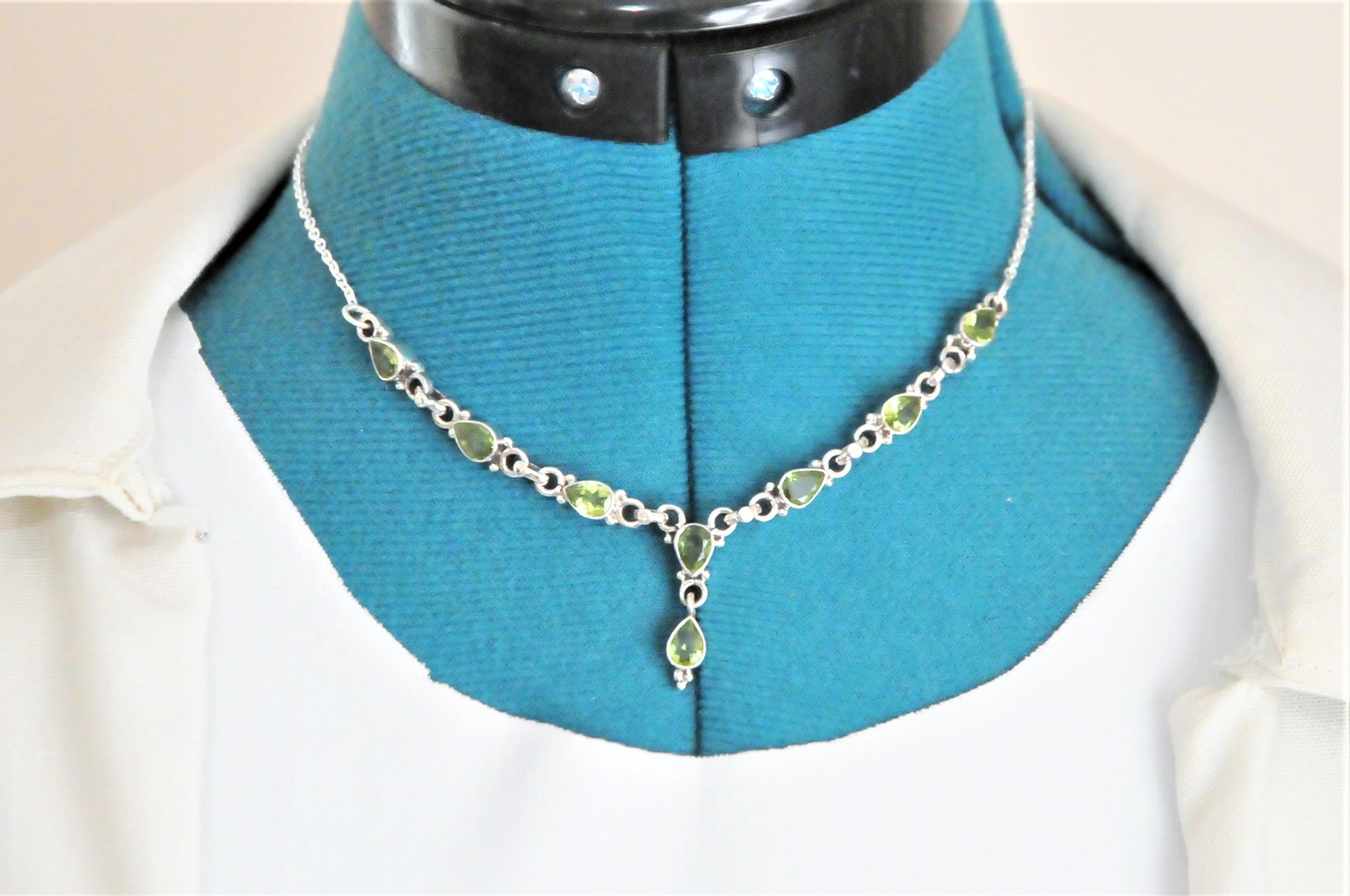 Dainty Sterling Silver Blue Peridot Y Choker Necklace - silvervintagejewelry