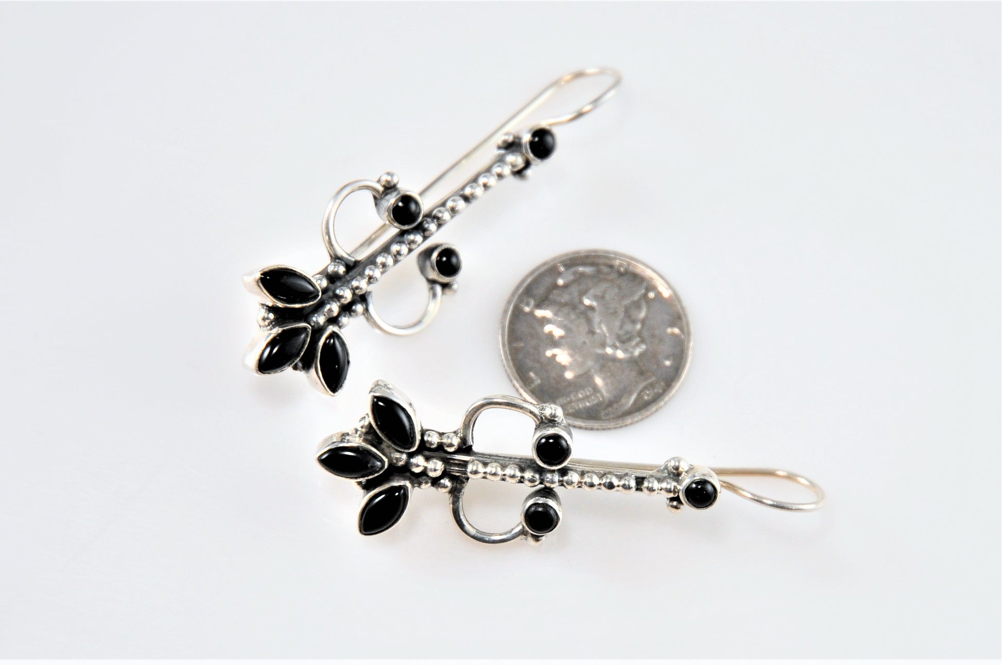 Sterling Silver Ornate Multi-Stone Black Onyx Earrings - silvervintagejewelry