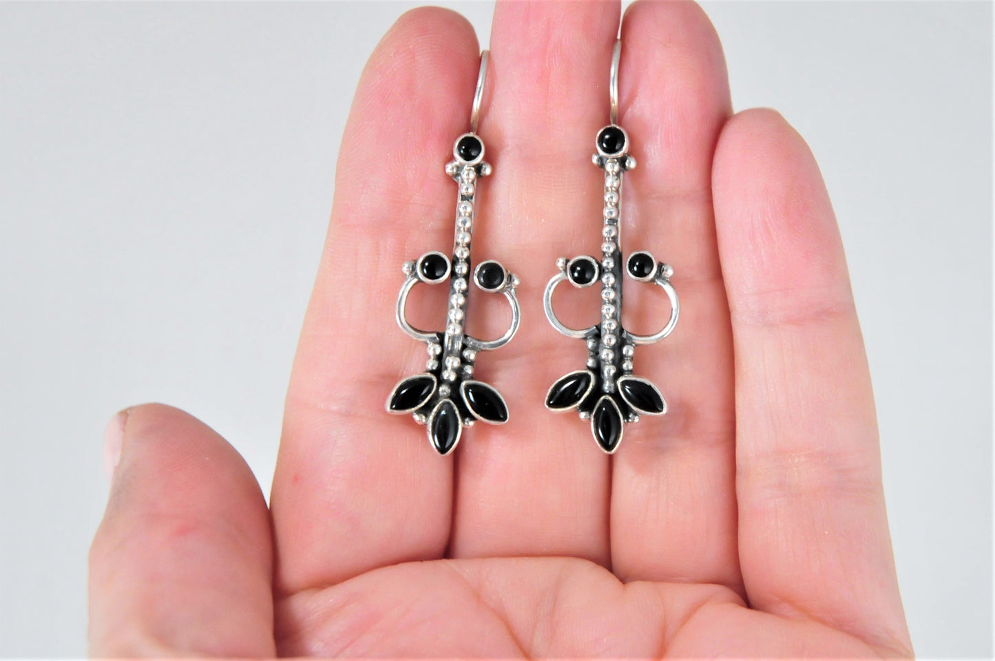 Sterling Silver Ornate Multi-Stone Black Onyx Earrings - silvervintagejewelry