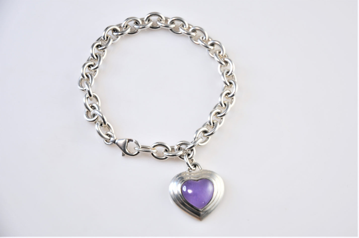 925 CNA Thailand Sterling Silver Purple Jade Heart Tag Rolo Bracelet