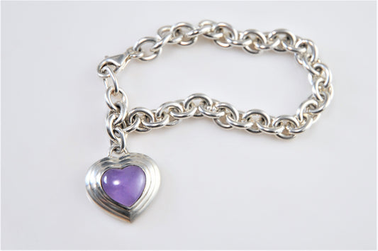 925 CNA Thailand Sterling Silver Purple Jade Heart Tag Rolo Bracelet