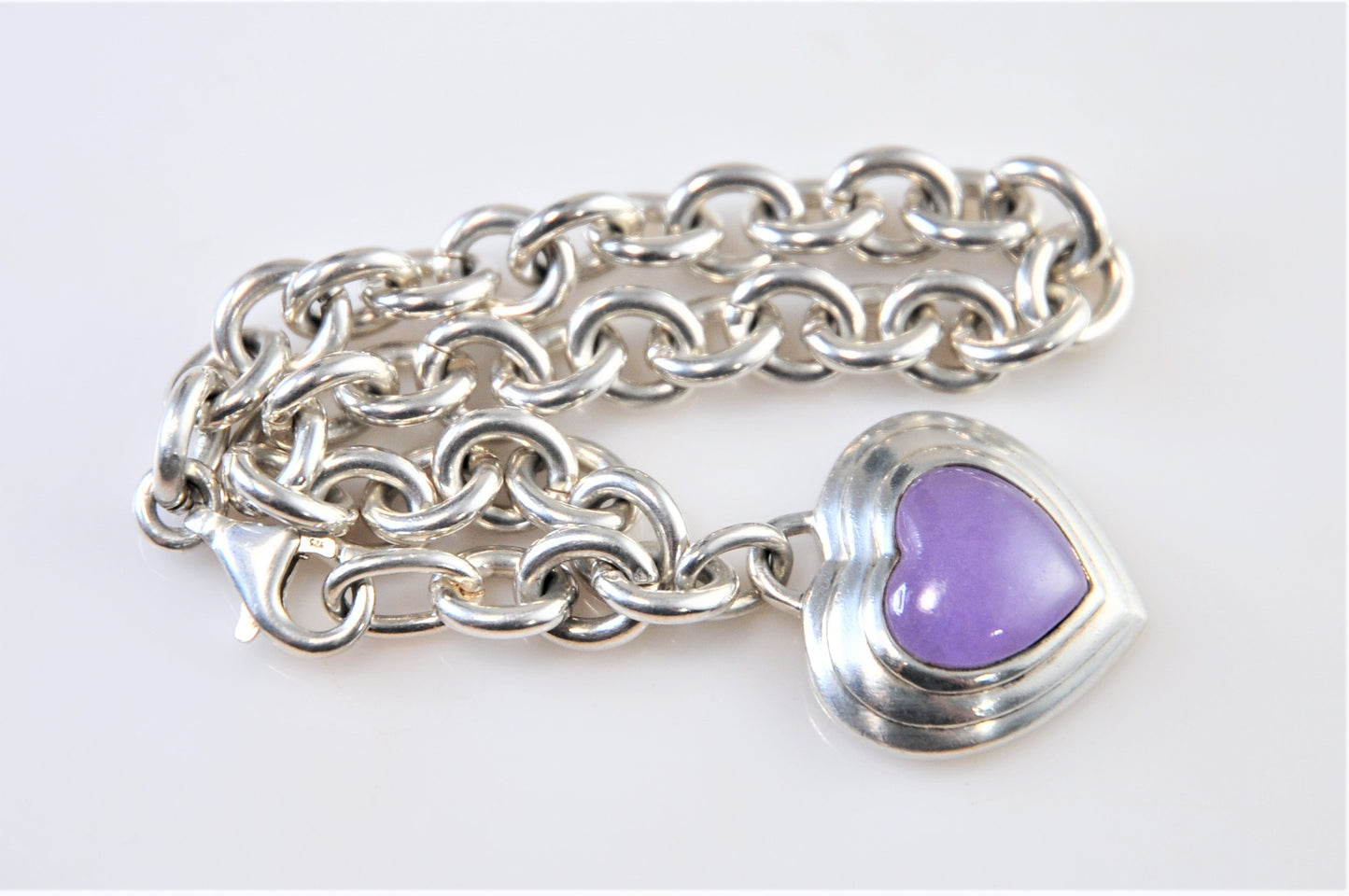 925 CNA Thailand Sterling Silver Purple Jade Heart Tag Rolo Bracelet